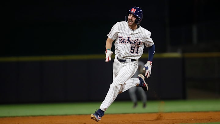 University of Mississippi baseball player Isaac Humphrey (51) heads for third base during the Governor’s Cup against Mississippi State University at Trustmark Park on April 22, 2025, in Pearl, Miss.