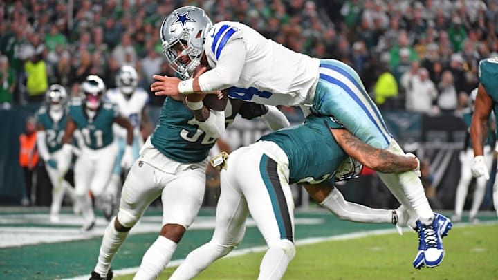 Nov 5, 2023; Philadelphia, Pennsylvania, USA;  Dallas Cowboys quarterback Dak Prescott (4) is
