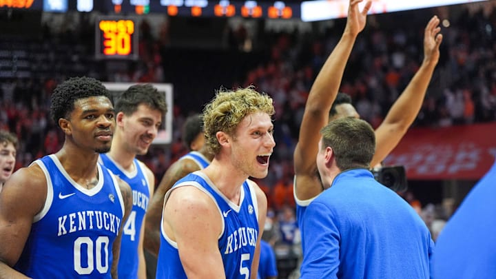 Kentucky guard Collin Chandler (5) yells in celebration after winning a NCAA basketball game between the Tennessee Volunteers and Kentucky Wildcats at Thompson-Boling Arena at Food City Center in Knoxville, Tenn., on Jan. 17, 2026.
