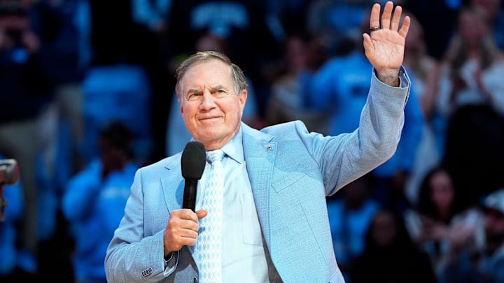 Dec 14, 2024; Chapel Hill, North Carolina, USA; North Carolina Tar Heels head football coach Bill Belichick during half time at Dean E. Smith Center. Mandatory Credit: Bob Donnan-Imagn Images