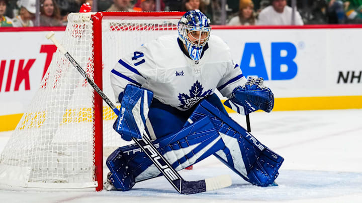 Nov 3, 2024; Saint Paul, Minnesota, USA; Toronto Maple Leafs goaltender Anthony Stolarz (41) during a game between the Minnesota Wild and Toronto Maple Leafs at Xcel Energy Center. Mandatory Credit: Brace Hemmelgarn-Imagn Images