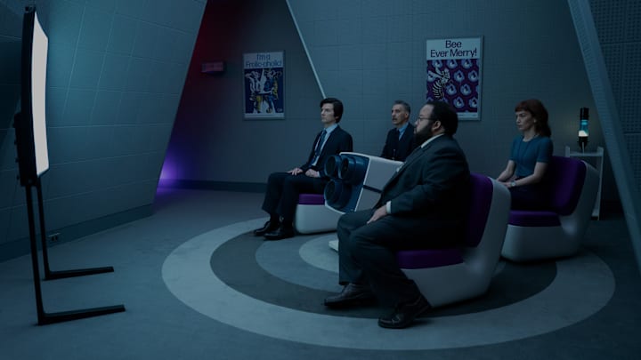 Adam Scott, John Turturro, Zach Cherry and Britt Lower in "Severance," now streaming on Apple TV+.