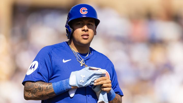Feb 20, 2025; Phoenix, Arizona, USA; Chicago Cubs designated hitter Moises Ballesteros against the Los Angeles Dodgers during a spring training game at Camelback Ranch-Glendale. Feb 20, 2025; Phoenix, Arizona, USA; Chicago Cubs designated hitter Moises Ballesteros against the Los Angeles Dodgers during a spring training game at Camelback Ranch-Glendale.