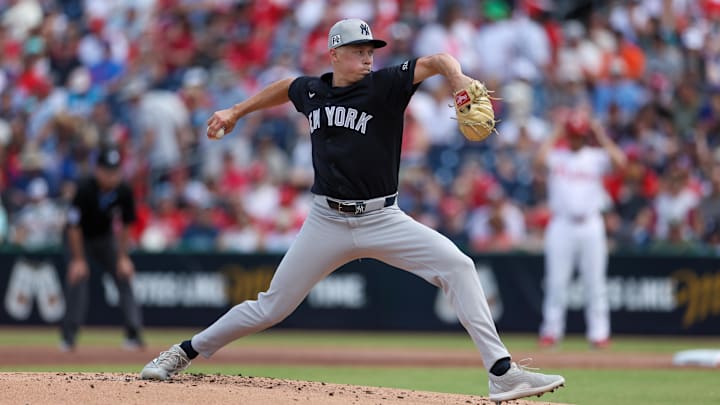 Clearwater, Florida, USA; New York Yankees pitcher Will Warren (98) throws a pitch against the Philadelphia Phillies in the first inning during spring training at BayCare Ballpark. Clearwater, Florida, USA; New York Yankees pitcher Will Warren (98) throws a pitch against the Philadelphia Phillies in the first inning during spring training at BayCare Ballpark.