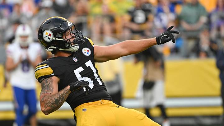 Aug 17, 2024; Pittsburgh, Pennsylvania, USA;  Pittsburgh Steelers linebacker Nick Herbig (51) celebrates after sacking Buffalo Bills quarterback Mitchell Trubisky (11) during the first quarter at Acrisure Stadium. Mandatory Credit: Barry Reeger-Imagn Images