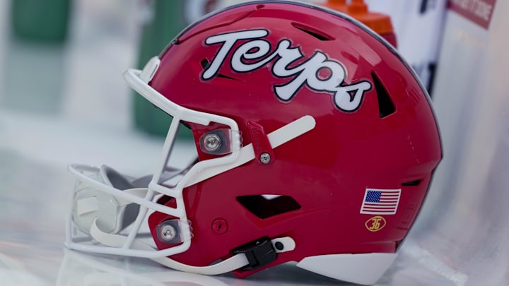 Maryland Terrapins helmet during warmups prior to the game against the Wisconsin Badgers at Camp Randall Stadium. 
