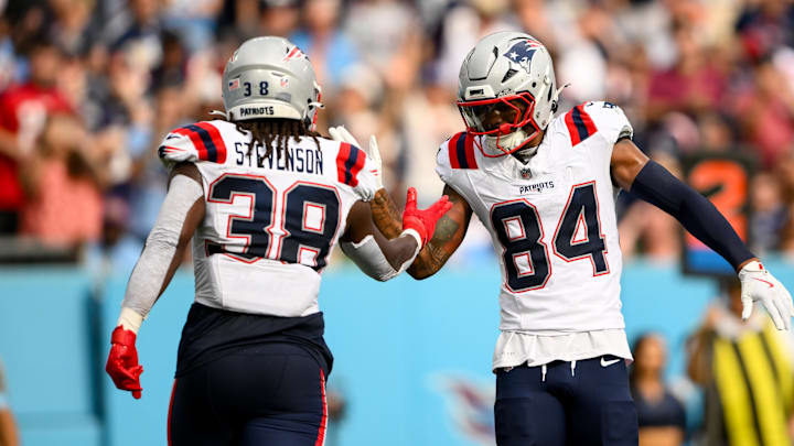 Nov 3, 2024; Nashville, Tennessee, USA; New England Patriots wide receiver Kendrick Bourne (84) celebrates the touchdown of running back Rhamondre Stevenson (38) against the Tennessee Titans during the second half at Nissan Stadium. Mandatory Credit: Steve Roberts-Imagn Images Nov 3, 2024; Nashville, Tennessee, USA; New England Patriots wide receiver Kendrick Bourne (84) celebrates the touchdown of running back Rhamondre Stevenson (38) against the Tennessee Titans during the second half at Nissan Stadium. Mandatory Credit: Steve Roberts-Imagn Images