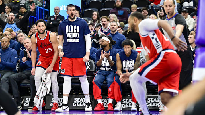 LA Clippers bench reacts after a basket against the Utah Jazz during overtime at the Delta Center. Mandatory Credit: Christopher Creveling-Imagn Images LA Clippers bench reacts after a basket against the Utah Jazz during overtime at the Delta Center. Mandatory Credit: Christopher Creveling-Imagn Images
