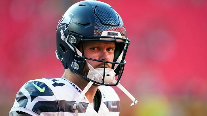 Aug 28, 2026; Kansas City, Missouri, USA; Seattle Seahawks quarterback Sam Darnold (14) takes the field prior to a game against the Kansas City Chiefs at Arrowhead Stadium. Mandatory Credit: Jay Biggerstaff-Imagn Images