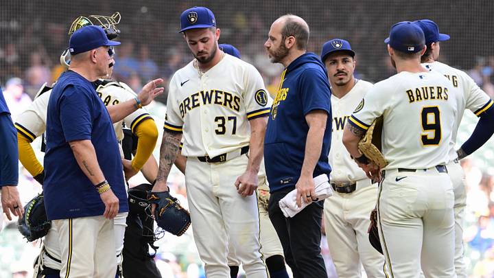 Jun 4, 2026; Milwaukee, Wisconsin, USA; Milwaukee Brewers pitcher DL Hall (37) leaves the game against the San Francisco Giants after an injury in the fifth inning at American Family Field. Mandatory Credit: Benny Sieu-Imagn Images Jun 4, 2026; Milwaukee, Wisconsin, USA; Milwaukee Brewers pitcher DL Hall (37) leaves the game against the San Francisco Giants after an injury in the fifth inning at American Family Field. Mandatory Credit: Benny Sieu-Imagn Images