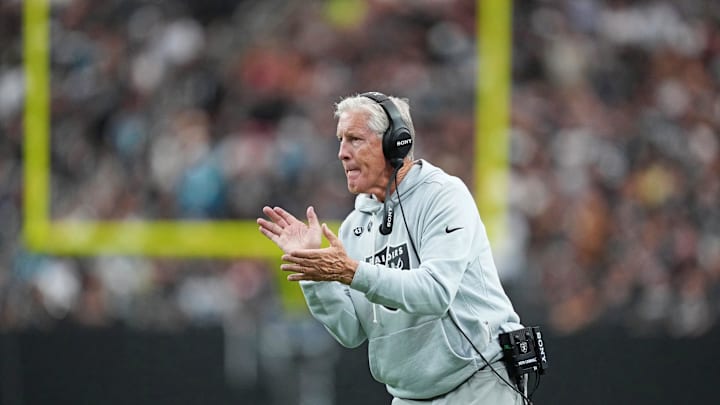 Nov 2, 2025; Paradise, Nevada, USA; Las Vegas Raiders head coach Pete Carroll looks on during the first half against the Jacksonville Jaguars at Allegiant Stadium. Mandatory Credit: Kirby Lee-Imagn Images