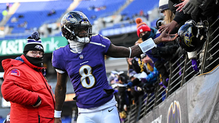 Lamar Jackson before the Ravens' game against the Browns on Jan. 4, 2025.