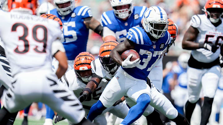 Indianapolis Colts running back Ulysses Bentley IV (37) rushes for a touchdown Saturday, Aug. 23, 2025, during a game against the Cincinnati Bengals at Paycor Stadium in Cincinnati. Indianapolis Colts running back Ulysses Bentley IV (37) rushes for a touchdown Saturday, Aug. 23, 2025, during a game against the Cincinnati Bengals at Paycor Stadium in Cincinnati.