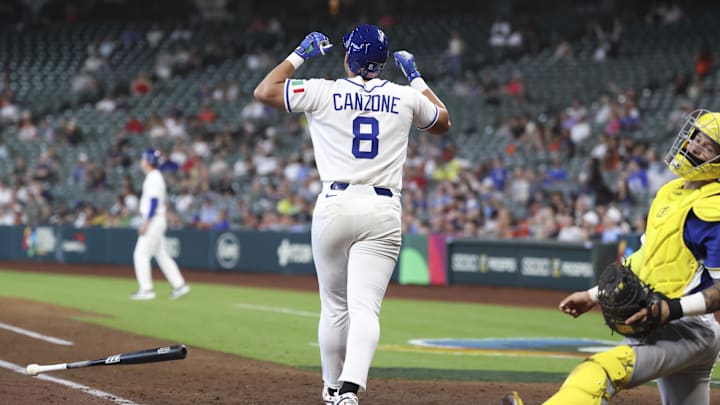 Mar 7, 2026; Houston, TX, United States; Italy designated hitter Dominic Canzone (8) reacts after hitting a home run during the seventh inning against Brazil at Daikin Park. Mandatory Credit: Troy Taormina-Imagn Images