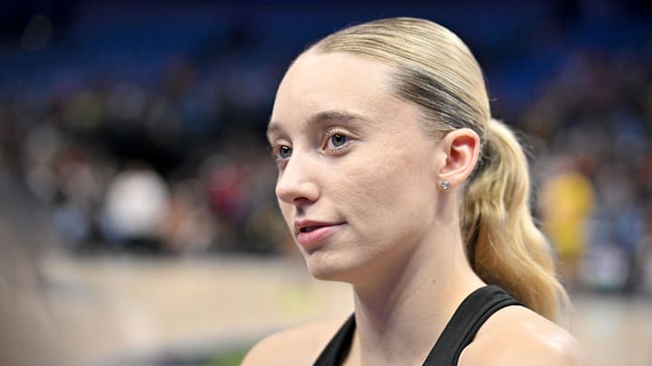 Aug 1, 2025; Dallas, Texas, USA;  Dallas Wings guard Paige Bueckers (5) speaks to the media before the game against the Indiana Fever at the American Airlines Center. Mandatory Credit: Jerome Miron-Imagn Images