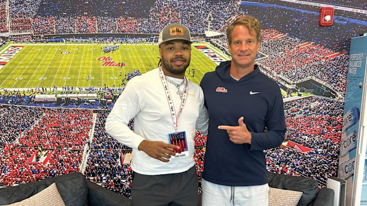 Transfer portal defensive lineman Chris Hardie (left) on his official visit with Ole Miss Rebels head coach Lane Kiffin.