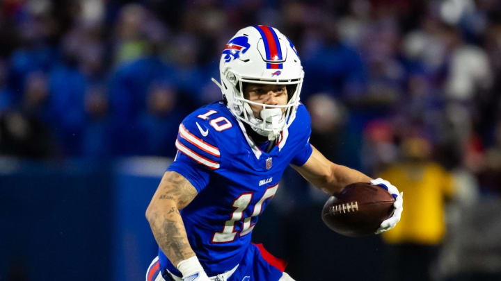 Jan 21, 2024; Orchard Park, New York, USA; Buffalo Bills wide receiver Khalil Shakir (10) against the Kansas City Chiefs in the 2024 AFC divisional round game at Highmark Stadium. Mandatory Credit: Mark J. Rebilas-USA TODAY Sports