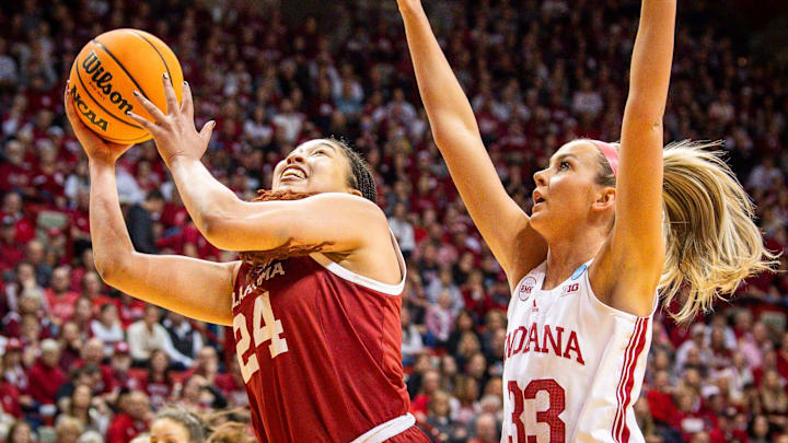 Oklahoma's Skylar Vann (24) shoots past Indiana's Sydney Parrish (33) during second round NCAA Women's Tournament action in Bloomington, Indiana.