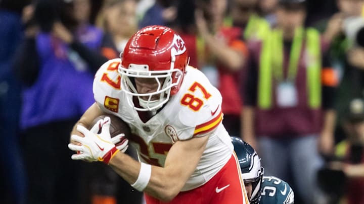 Feb 9, 2025; New Orleans, LA, USA; Kansas City Chiefs tight end Travis Kelce (87) against the Philadelphia Eagles in Super Bowl LIX at Ceasars Superdome. Mandatory Credit: Mark J. Rebilas-Imagn Images Feb 9, 2025; New Orleans, LA, USA; Kansas City Chiefs tight end Travis Kelce (87) against the Philadelphia Eagles in Super Bowl LIX at Ceasars Superdome. Mandatory Credit: Mark J. Rebilas-Imagn Images