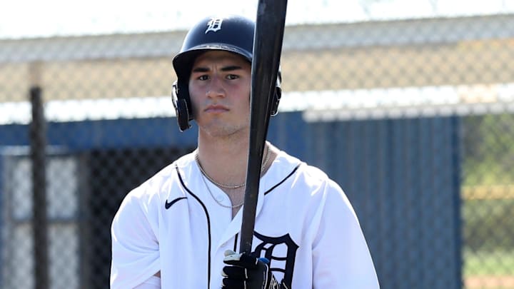 Detroit Tigers infield prospect Izaac Pacheco waits to bat during spring training Minor League minicamp