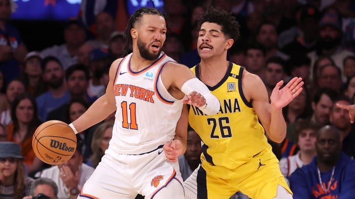 May 19, 2024; New York, New York, USA; New York Knicks guard Jalen Brunson (11) handles the ball against Indiana Pacers guard Ben Sheppard (26) during the second quarter of game seven of the second round of the 2024 NBA playoffs at Madison Square Garden. Mandatory Credit: Brad Penner-USA TODAY Sports