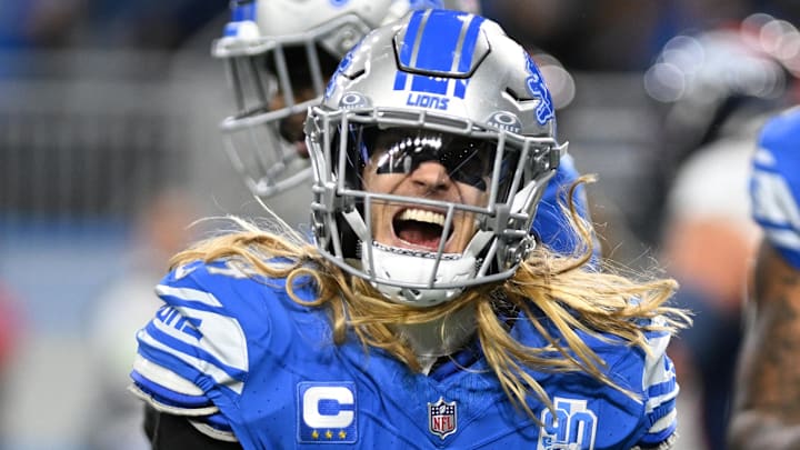 Dec 16, 2023; Detroit, Michigan, USA; Detroit Lions linebacker Alex Anzalone (34) celebrates after a sack by defensive end Josh Paschal (not pictured) against Denver Broncos quarterback Russell Wilson (not pictured) in the second quarter at Ford Field. Mandatory Credit: Lon Horwedel-USA TODAY Sports