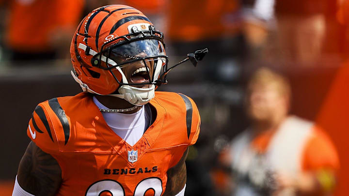 Sep 14, 2025; Cincinnati, Ohio, USA; Cincinnati Bengals cornerback Cam Taylor-Britt (29) reacts after a play in the first half against the Jacksonville Jaguars at Paycor Stadium. Mandatory Credit: Katie Stratman-Imagn Images