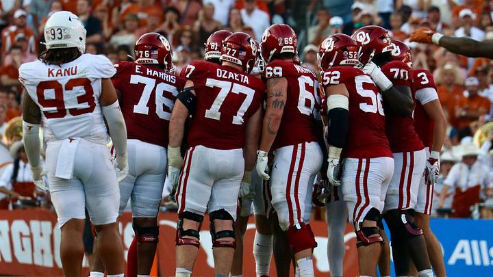 Oklahoma offensive linemen E'Marion Harris, Heath Ozaeta, Jake Maikkula, Noah Best and Ryan Fodje prepare for a snap against Texas. Oklahoma offensive linemen E'Marion Harris, Heath Ozaeta, Jake Maikkula, Noah Best and Ryan Fodje prepare for a snap against Texas.