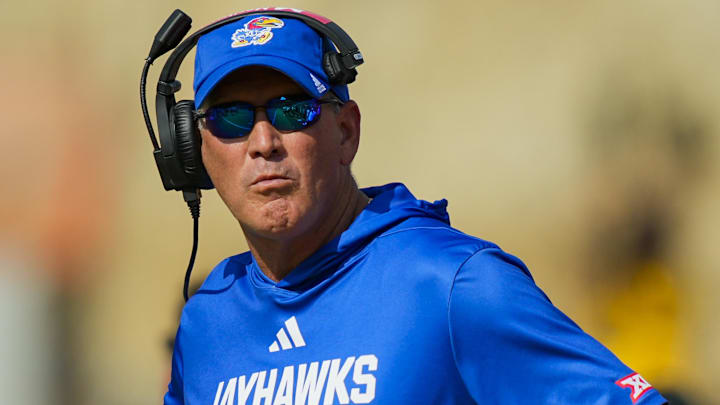 Kansas Jayhawks head coach Lance Leipold against the Missouri Tigers at Faurot Field at Memorial Stadium. 