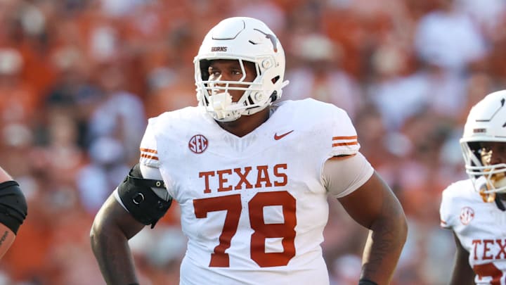 Oct 12, 2024; Dallas, Texas, USA; Texas Longhorns offensive lineman Kelvin Banks Jr. (78) in action during the game against the Oklahoma Sooners at the Cotton Bowl. Mandatory Credit: Kevin Jairaj-Imagn Images Oct 12, 2024; Dallas, Texas, USA; Texas Longhorns offensive lineman Kelvin Banks Jr. (78) in action during the game against the Oklahoma Sooners at the Cotton Bowl. Mandatory Credit: Kevin Jairaj-Imagn Images