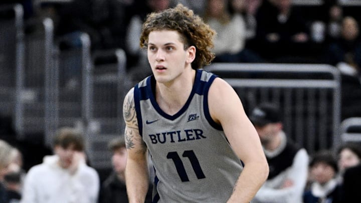 Feb 4, 2026; Providence, Rhode Island, USA; Butler Bulldogs guard Finley Bizjack (11) dribbles the ball against the Providence Friars during the second half at Amica Mutual Pavilion. Mandatory Credit: Eric Canha-Imagn Images