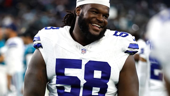 Aug 12, 2023; Arlington, Texas, USA; Dallas Cowboys defensive tackle Mazi Smith (58) walks off the
