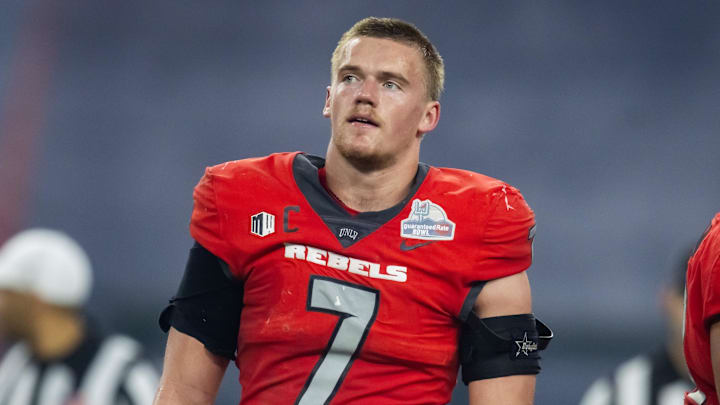 Dec 26, 2023; Phoenix, AZ, USA; UNLV Rebels linebacker Jackson Woodard (7) against the Kansas Jayhawks in the Guaranteed Rate Bowl at Chase Field. Mandatory Credit: Mark J. Rebilas-USA TODAY Sports