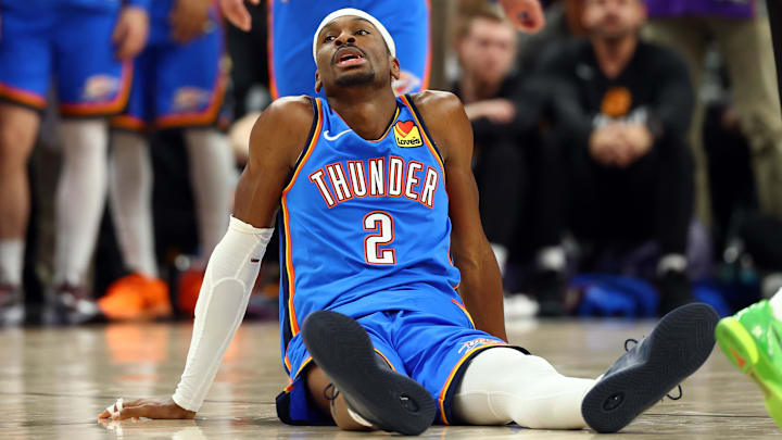 Apr 27, 2026; Phoenix, Arizona, USA; Oklahoma City Thunder guard Shai Gilgeous-Alexander (2) against the Phoenix Suns during game four of the first round of the 2026 NBA Playoffs at Mortgage Matchup Center. Mandatory Credit: Mark J. Rebilas-Imagn Images