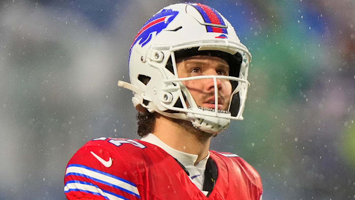 Dec 28, 2025; Orchard Park, New York, USA; Buffalo Bills quarterback Josh Allen (17) looks on in the rain before the game against the Philadelphia Eagles