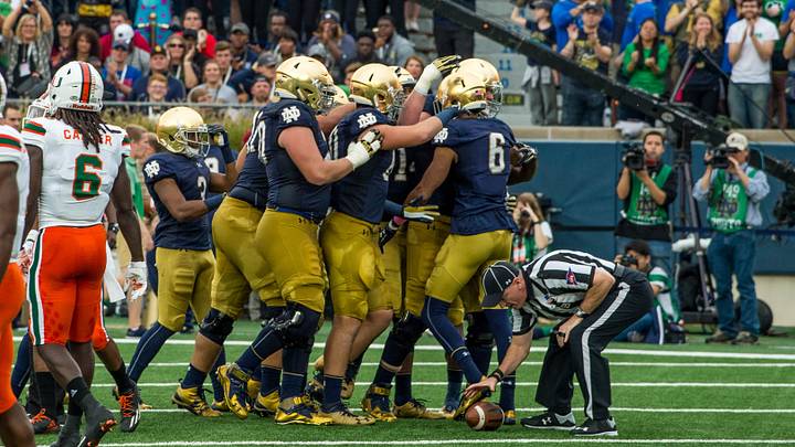 Oct 29, 2016; South Bend, IN, USA; The Notre Dame Fighting Irish celebrate after a touchdown by wide receiver Equanimeous St. Brown (6) in the first quarter against the Miami Hurricanes at Notre Dame Stadium.