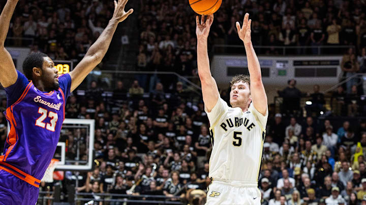 Purdue Boilermakers forward Liam Murphy (5) shoots the ball 
