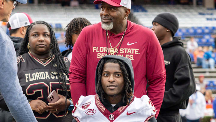 Nov 29, 2025; Gainesville, Florida, USA; Florida State Seminoles linebacker Ethan Pritchard (35) on the sidelines before the game against the Florida Gators at Ben Hill Griffin Stadium. Mandatory Credit: Bob Kupbens-Imagn Images