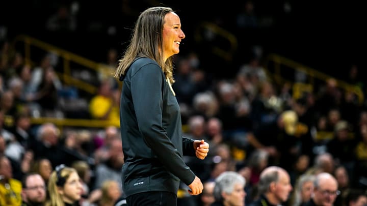 Purdue head coach Katie Gearlds reacts during a NCAA Big Ten Conference women's basketball game against Iowa