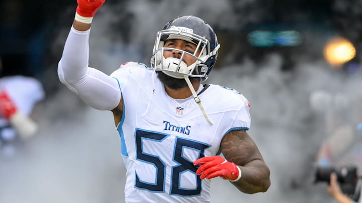 Sep 15, 2024; Nashville, Tennessee, USA;  Tennessee Titans linebacker Harold Landry III (58) takes the field against the New York Jets during the first half at Nissan Stadium. Mandatory Credit: Steve Roberts-Imagn Images