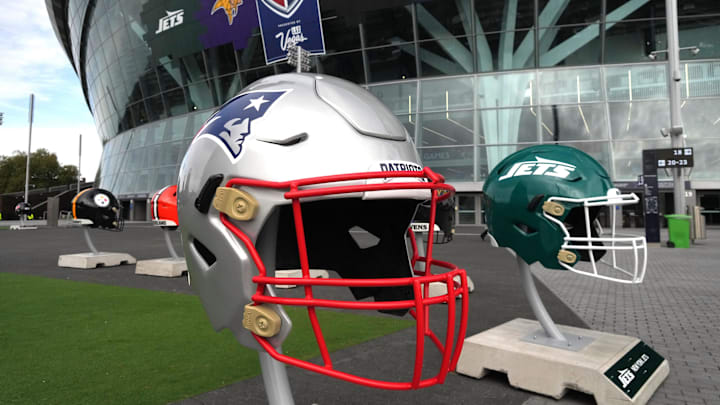 Oct 13, 2024; London, United Kingdom; Large helmets of the New England Patriots and New York Jets at an NFL International Series game at Tottenham Hotspur Stadium. Mandatory Credit: Kirby Lee-Imagn Images Oct 13, 2024; London, United Kingdom; Large helmets of the New England Patriots and New York Jets at an NFL International Series game at Tottenham Hotspur Stadium. Mandatory Credit: Kirby Lee-Imagn Images