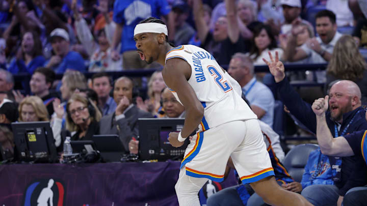 Mar 29, 2026; Oklahoma City, Oklahoma, USA; Oklahoma City Thunder guard Shai Gilgeous-Alexander (2) celebrates after scoring against the New York Knicks during the second half at Paycom Center. Mandatory Credit: Alonzo Adams-Imagn Images