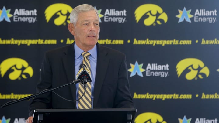 Iowa’s head football coach Kirk Ferentz speaks Friday, Aug. 9, 2024 during Iowa Football’s media day in Iowa City, Iowa.