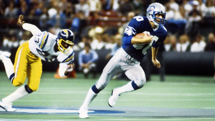 Seattle Seahawks WR Steve Largent in action against the San Diego Chargers at the Kingdome.