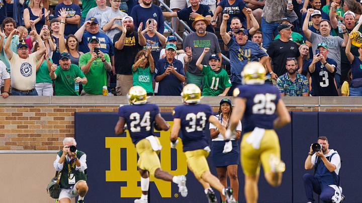 Fans celebrate after Notre Dame running back Jadarian Price (24) returned a kick-off for a touchdown during the first half of a NCAA football game against Purdue at Notre Dame Stadium on Saturday, Sept. 20, 2025, in South Bend. Fans celebrate after Notre Dame running back Jadarian Price (24) returned a kick-off for a touchdown during the first half of a NCAA football game against Purdue at Notre Dame Stadium on Saturday, Sept. 20, 2025, in South Bend.