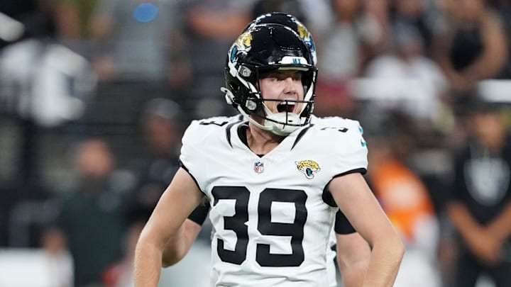 Nov 2, 2025; Paradise, Nevada, USA; Jacksonville Jaguars place kicker Cam Little (39) reacts after there game against the Las Vegas Raiders at Allegiant Stadium. Mandatory Credit: Kirby Lee-Imagn Images