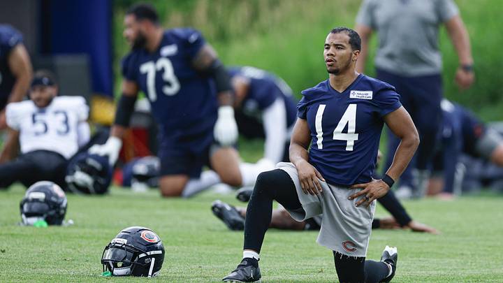 Jun 11, 2026; Lake Forest, IL, USA; Chicago Bears wide receiver Kalif Raymond (14) stretches during Minicamp at Halas Hall. Mandatory Credit: Kamil Krzaczynski-Imagn Images Jun 11, 2026; Lake Forest, IL, USA; Chicago Bears wide receiver Kalif Raymond (14) stretches during Minicamp at Halas Hall. Mandatory Credit: Kamil Krzaczynski-Imagn Images