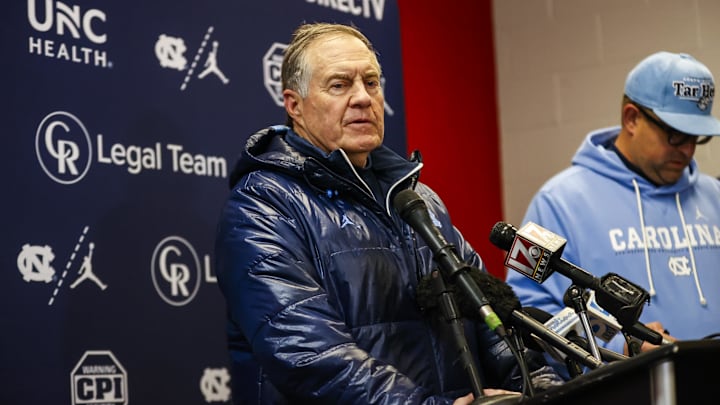 Nov 29, 2025; Raleigh, North Carolina, USA;  North Carolina Tar Heels head coach Bill Belichick addresses the media after the second half of the game against NC State Wolfpack at Carter-Finley Stadium.  Mandatory Credit: Jaylynn Nash-Imagn Images
