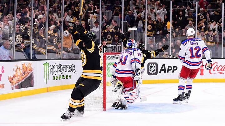 Sep 29, 2026; Boston, Massachusetts, USA;  Boston Bruins center Elias Lindholm (28) reacts after a goal during the third period against the New York Rangers at TD Garden. Mandatory Credit: Bob DeChiara-Imagn Images