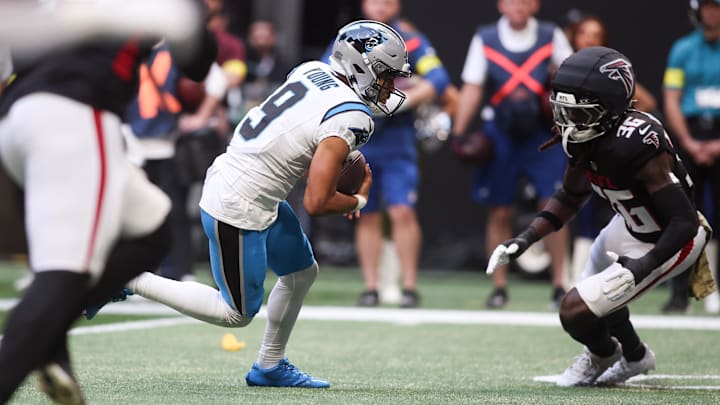 Nov 16, 2025; Atlanta, Georgia, USA; Carolina Panthers quarterback Bryce Young (9) runs with the ball in the first quarter against the Atlanta Falcons at Mercedes-Benz Stadium. Mandatory Credit: Brett Davis-Imagn Images